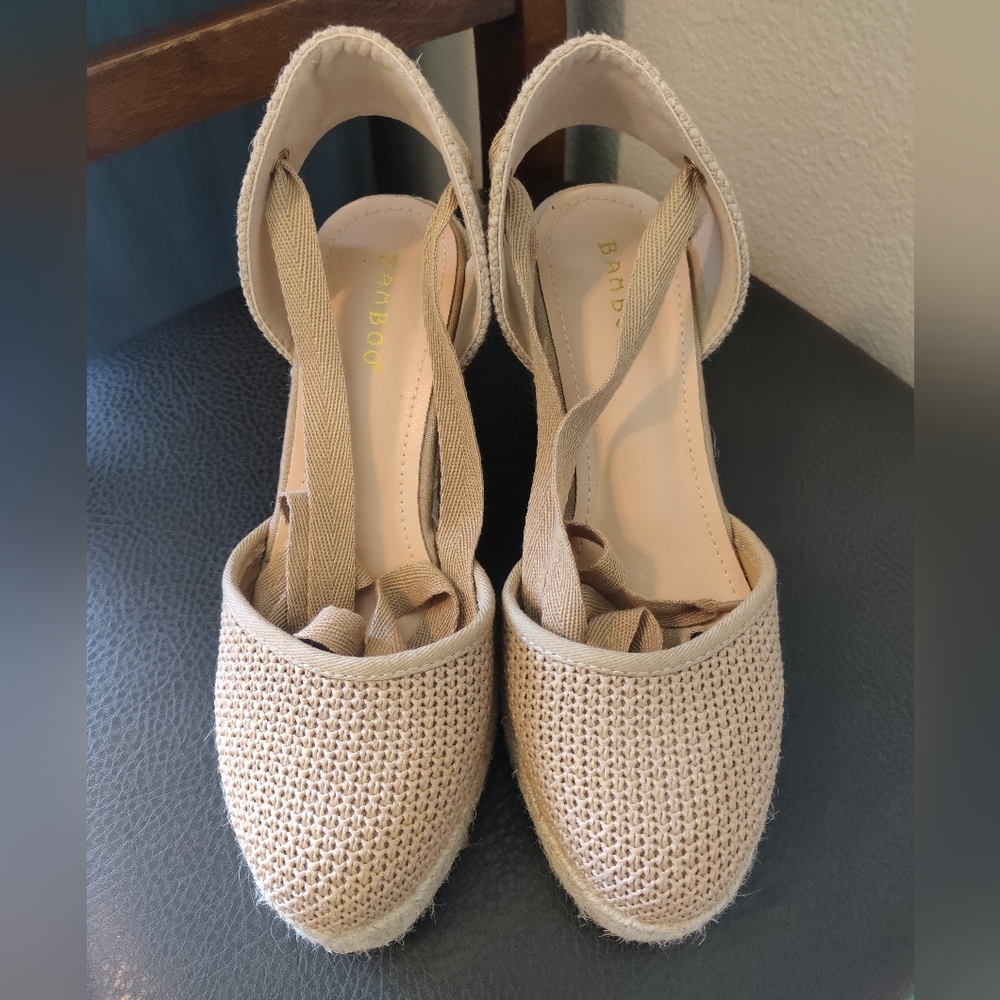 BAMBOO Tan Espadrilles with Gladiator Ties